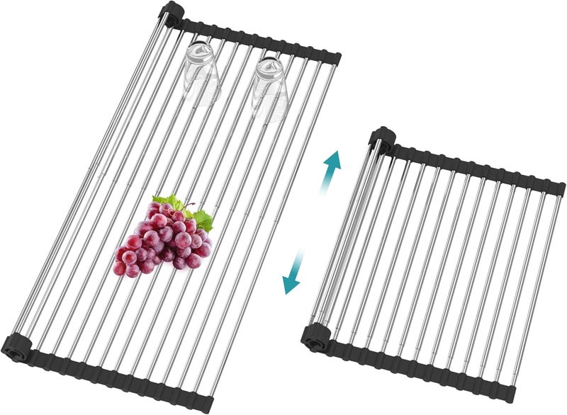 BBXTYLY Extra Expandable Roll Up Dish Drying Rack,Over The Sink Drying Rack Sink Cover Kitchen Sink Accessories Kitchen Rolling up Stainless Steel Drainer, Foldable,Rollable（Black，22.8''-12.4''） - Image 1
